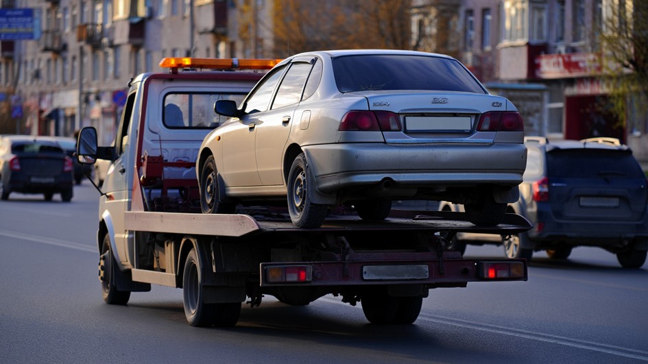 Эвакуатор увозит машину за неправильную парковку в Бишкеке.