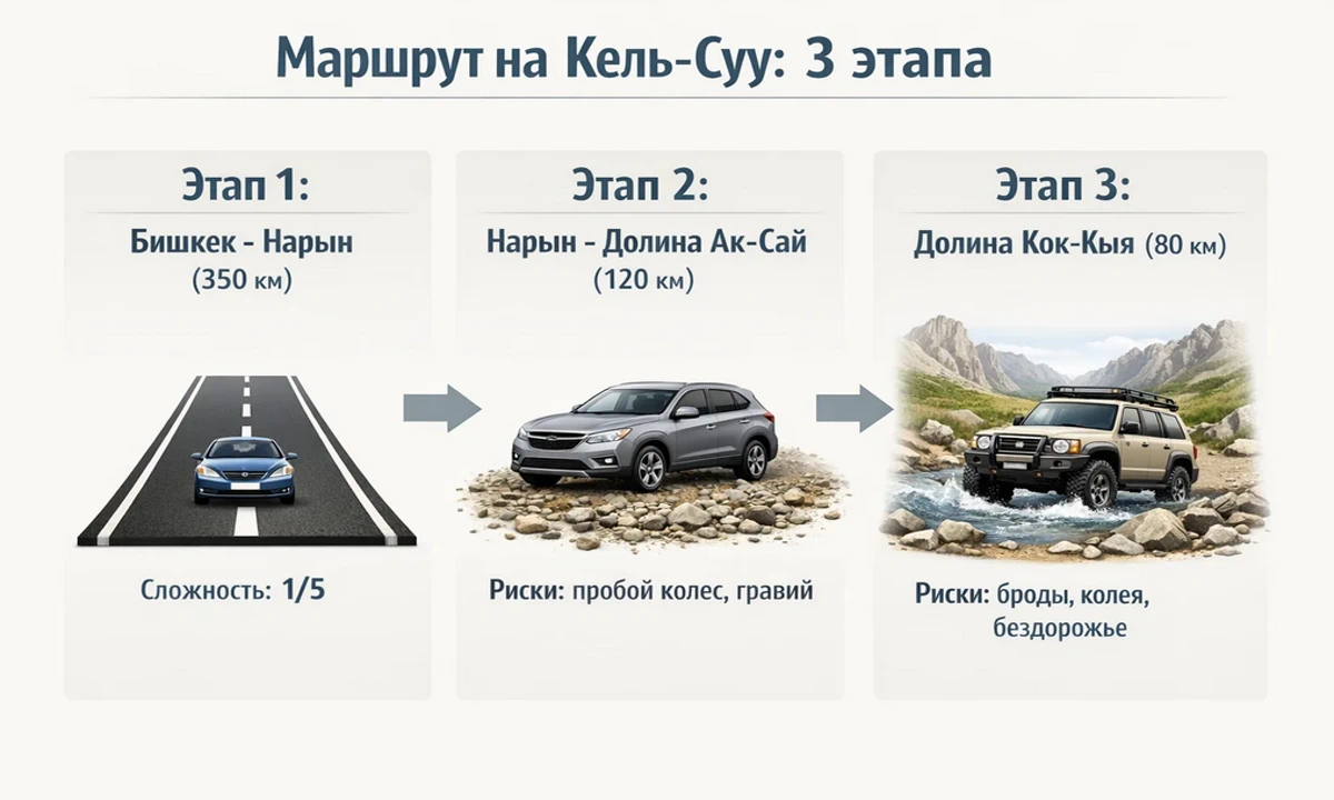 Инфографика маршрута на озеро Кель-Суу