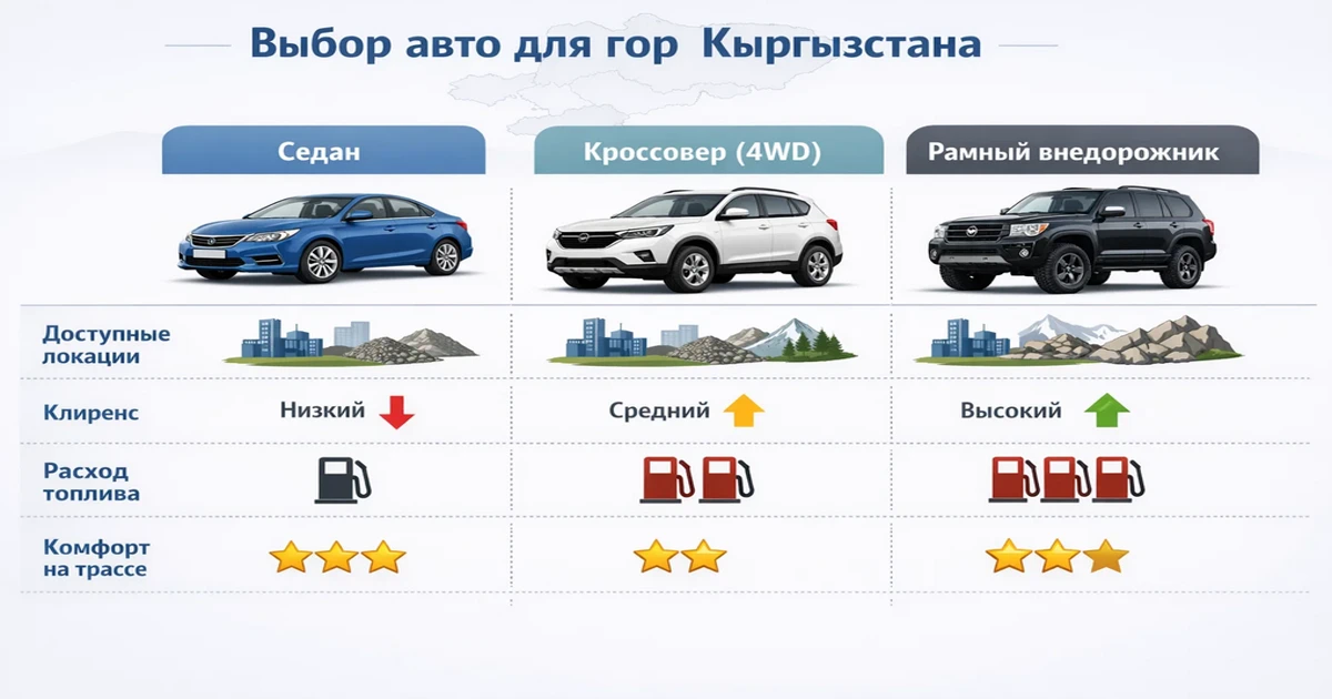 Инфографика выбор автомобиля для путешествия по Кыргызстану