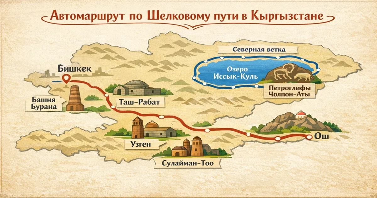 Карта маршрута по Великому Шелковому пути в Кыргызстане