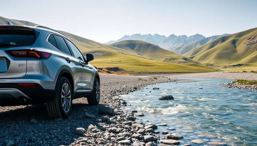 Автопутешествие по Кыргызстану: кроссовер на берегу горной реки у подножия гор.