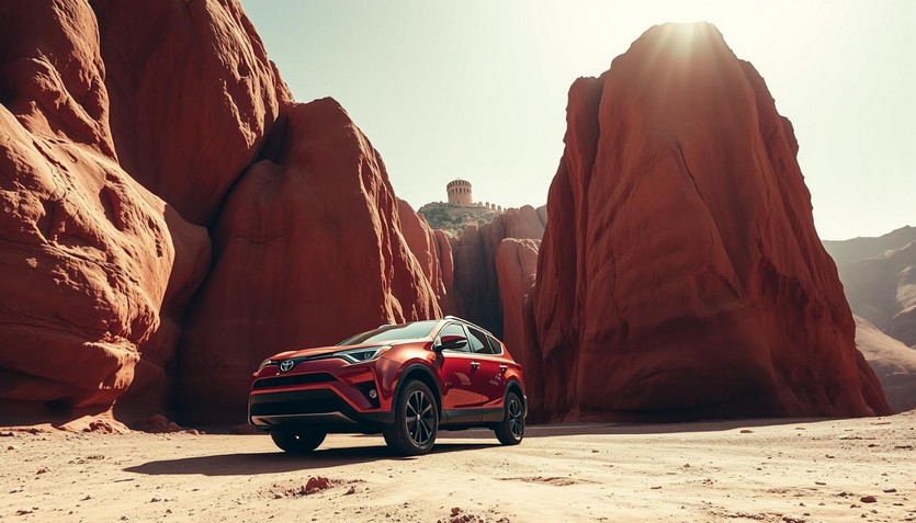 Посмотреть окрестности Бишкека на машине: кроссовер на фоне красных каньонов Конорчек.