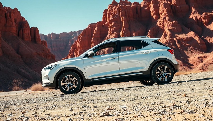 Путешествие по Кыргызстану на машине: кроссовер у красных скал каньона Сказка.