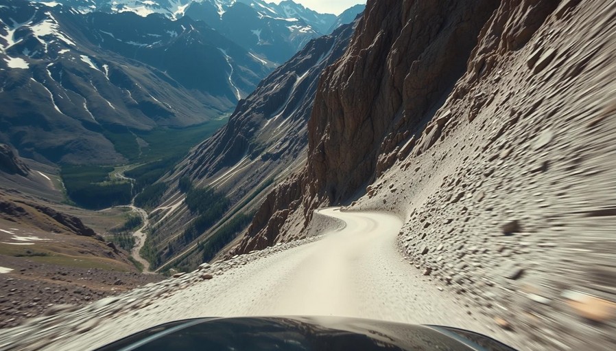 Автомобильные маршруты Кыргызстана: машина на крутом повороте горного перевала.