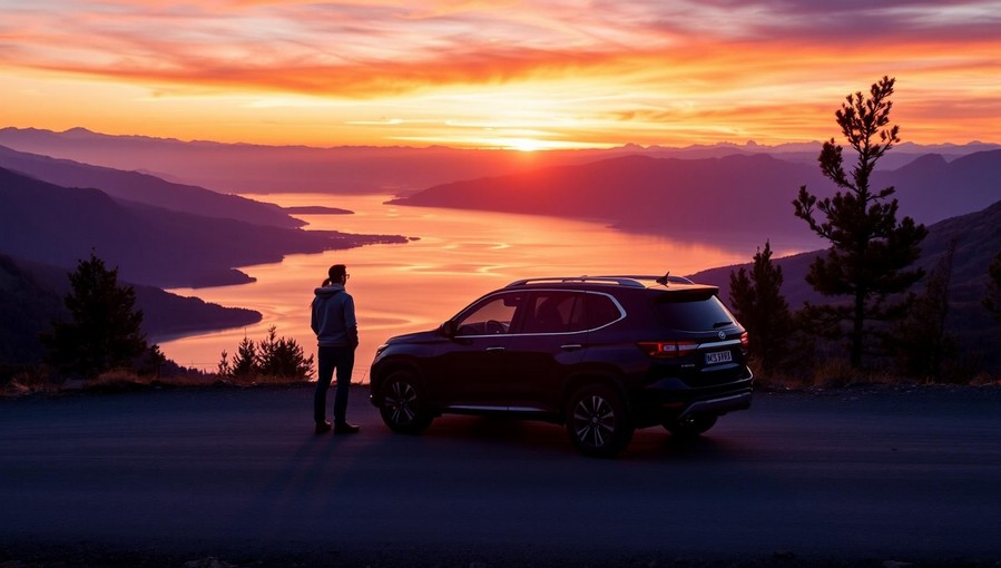 Топ-10 маршрутов для автопутешествия: пара на фоне заката над Иссык-Кулем.