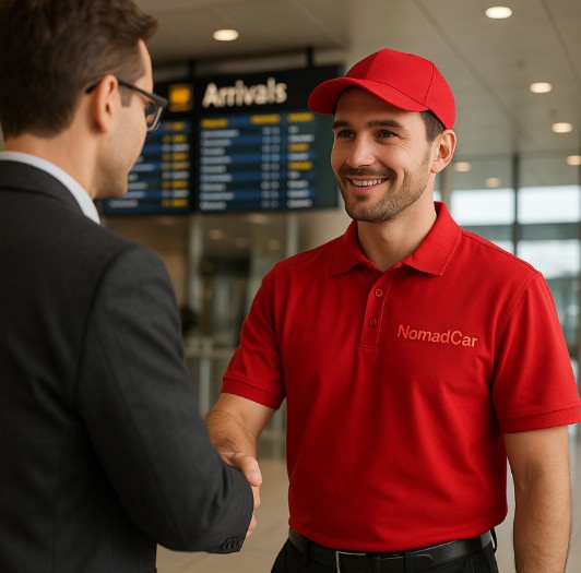 Сотрудник NomadCar встречает клиента в аэропорту Бишкека.