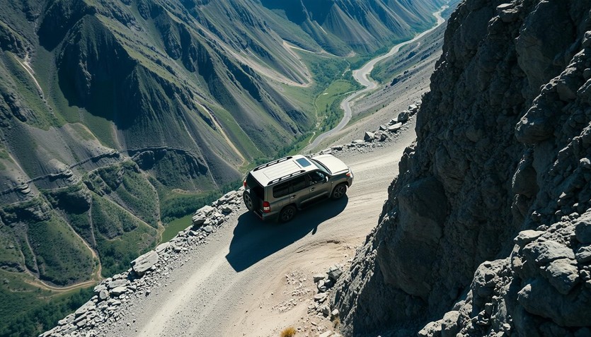 Вождение в горах Кыргызстана: внедорожник на опасном горном перевале.