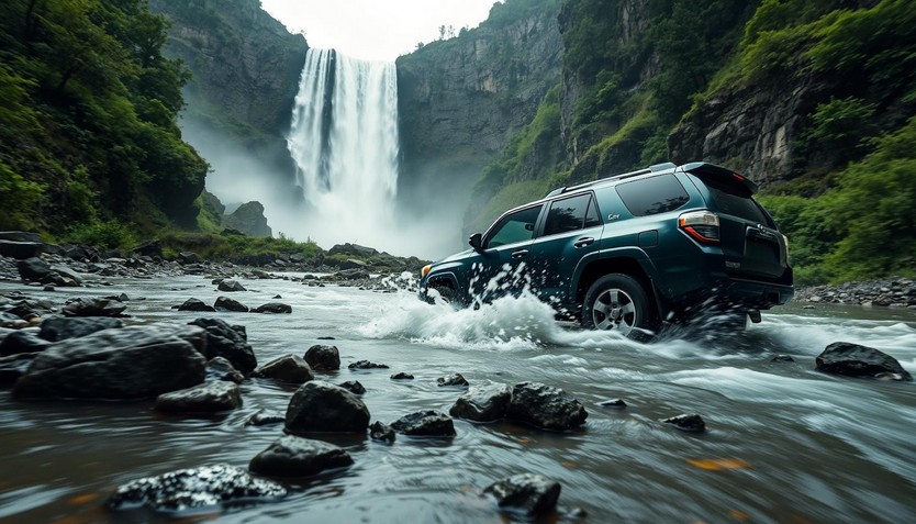 Что посмотреть в окрестностях Бишкека: внедорожник пересекает реку у Белогорского водопада.