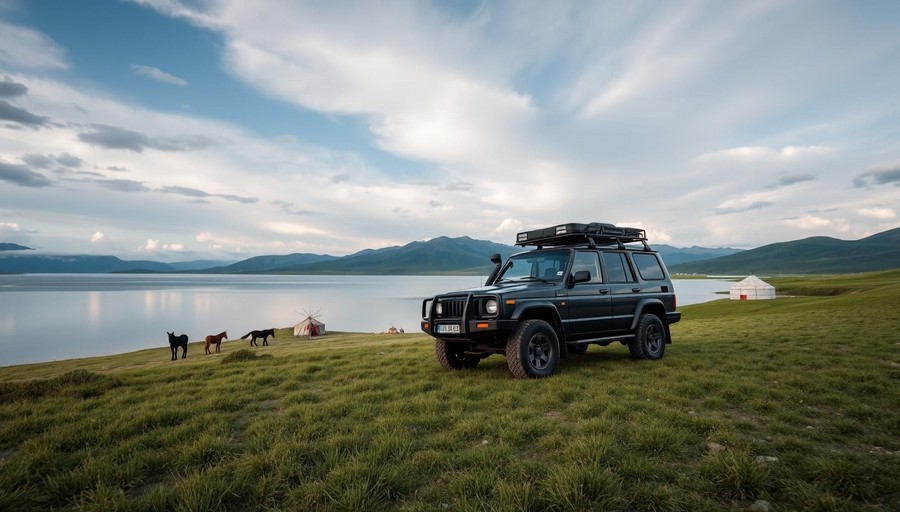 Маршруты для автопутешествия по Кыргызстану: внедорожник у юрточного лагеря на озере Сон-Кёль.